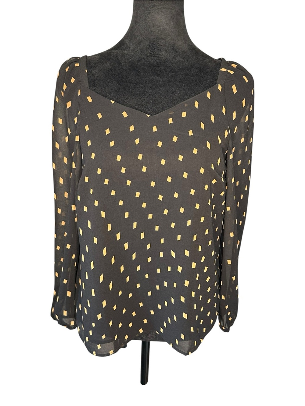 Ann Taylor Petite XS NWT Black Gold Sheer Long Sleeve Blouse Geometric Top